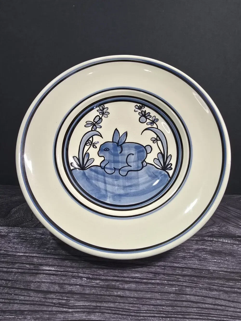 Vintage Jensen Turnage Studio Art Pottery Rabbit Plate Dish Blue Whimsical
